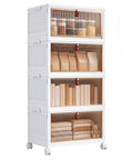 Heavy Duty 28 Quart Stackable Storage Totes With Roll Along Wheels Premium Plastic Home Stash Organizer Featuring Locking Casters And Smooth Magnetic Door showcasing organized shelves with clothing and containers.