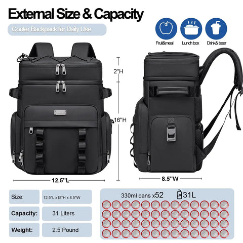 Front and side view of Insulated Cooler Backpack With Leakproof Lining And Double Deck Design For Travel Camping Picnics And Beach Days 31L Holds 52 Cans Keeps Food Cold All Day Comfortable Everyday Use For Men And Women