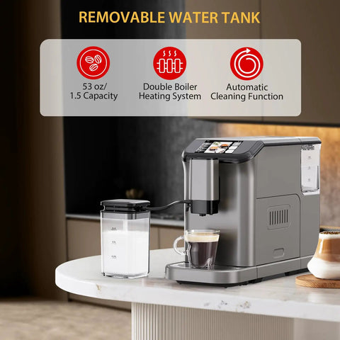 Fully Automatic Espresso Machine With Quick Milk Frother And Precision Conical Burr Grinder, 20 Bar Pressure showing removable water tank.