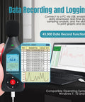 Pro Grade Portable Decibel Meter With Data Logger And 43,000 Record Capacity, 30-130 dB Range, Three Color Alarm Lights, AC Frequency And DC Output, Great For Home, Shop, And Factory Noise Monitoring. Handheld black sound meter connected to laptop