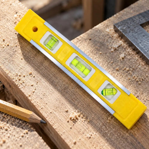 Spirit Level, 0.5mm/m Accuracy on wooden surface with pencil, featuring yellow anodized aluminum body and precision bubbles.