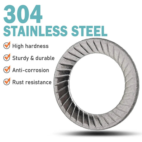 Premium M6 Lock Washers Double Sided 304 Stainless Steel with knurled teeth for anti-corrosion and rust resistance.