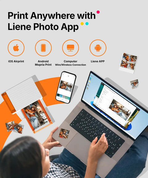 Person using Bluetooth Photo Printer For iPhone Portable Dye Sublimation Printer With Dual Tray with laptop and smartphone.