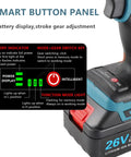 Smart button panel of Heavy Duty Cordless Rivet Nut Gun Set With Automatic Pop Rivet Installer showing battery display and gear adjustment.
