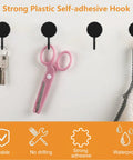 Black Self Adhesive Hooks 20 Pack Tough As Nails Sticky Wall Hangers With Super Grip Nail Free Organizers For Cabinet Door Closet Rust Proof Space Saving Storage with keys and scissors mounted.