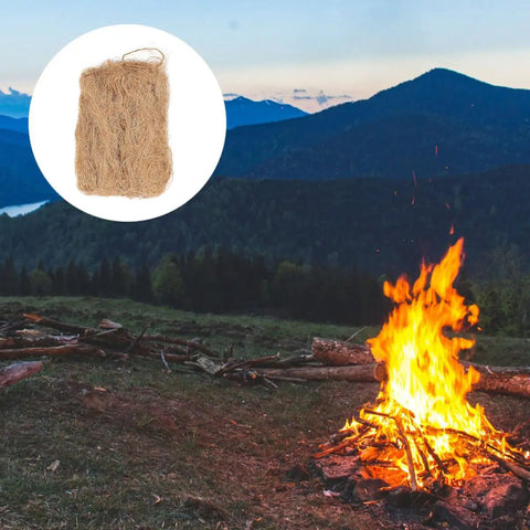 Natural Jute Fire Starter Set For Camping And Outdoors 6 Piece Rapid Ignition Eco Friendly Fire Starters beside a campfire.