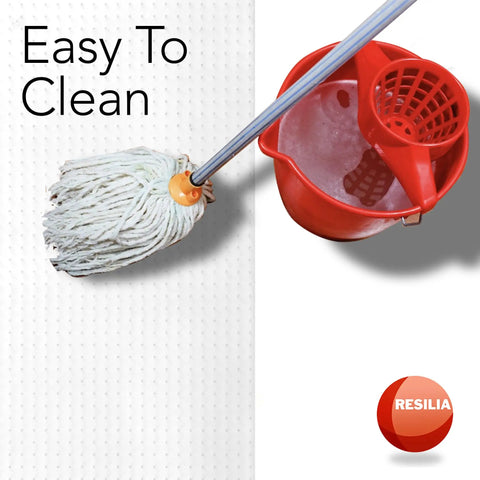 Mop and red bucket on Industrial Deep Pile Carpet Runner With Crosshatch No Slip Vinyl Protector Spill Proof Waterproof Floor Covering 24x12ft Made In USA
