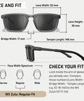 Active Safety Sunglasses Featuring Shatterproof Captivate Black Mirror Lenses Full UV Eye Protection with size details.