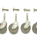 Built Tough Dark Wood Furniture Casters Brass Plated Grip Neck Stems Smooth As Butter Heavy Duty Caster Wheels For Tables Cabinets And Chairs Built To Last 1 5/8 Inch Set Of 4 featuring four dark wood wheels with brass stems.