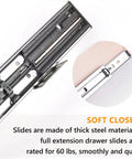 Detail of smooth soft close slide action for the Slick Prebuilt 32 Inch Wide Pull Out Cabinet Drawer with 60 lb capacity.