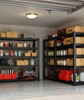 Commercial Grade Five Tier Steel Shelving Unit With Fully Adjustable Heights Rock Solid Workhorse For Warehouse And Garage Setup 2500 Lb Capacity Tough As Nails Metal Storage Rack filled with bins and boxes.