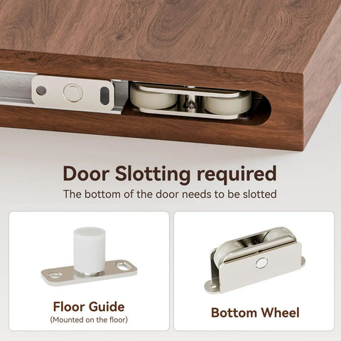 Close-up of sliding barn door components, including floor guide and bottom wheel for Solid As A Rock Concealed Sliding Barn Door Hardware Kit.