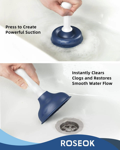Heavy Duty Mini Sink Plunger With Short Handle Creates Solid Suction To Rip Through Stubborn Clogs Right Away In Kitchen Bathtubs And Floor Drains, navy rubber pressing against drain.