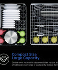 Space Saving Countertop Dishwasher Featuring Built In Water Tank And Big Kid Capacity For Cramped Kitchens showing a double-layer rack with plates, cups, and utensils.