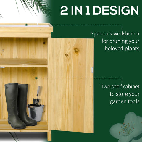 Top Shelf 32 Inch Galvanized Top Workshop Cabinet With Dual Shelves And Rust Resistant Farmhouse Doors, showing workbench and garden tools.