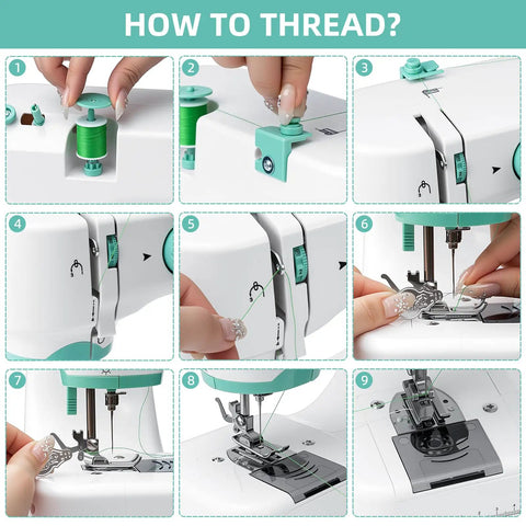 Mini Electric Sewing Machine With Extension Table And 56 Accessory Pieces, 12 Built In Stitches For Beginners threading guide with step-by-step images.