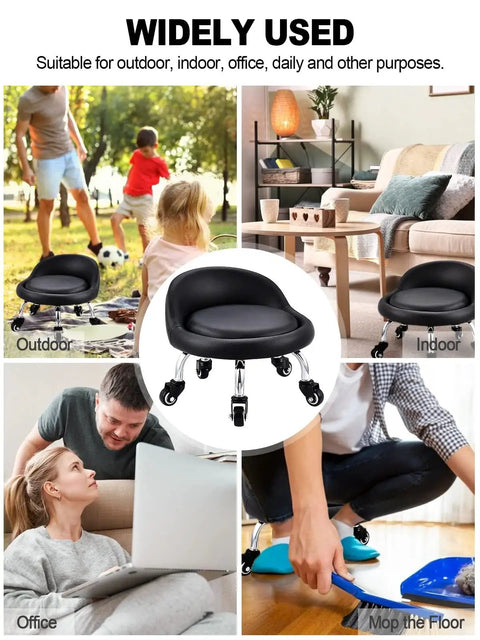 Low Profile Rolling Stool On Wheels With Back Rest And Leather Cushion 360 Degree Swivel Compact Round Seat for versatile use