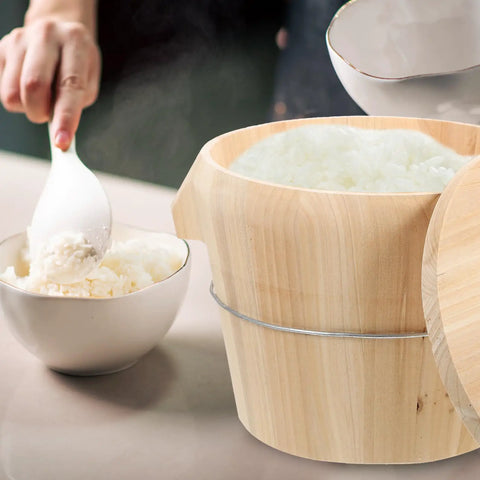 Handcrafted Solid Wood Rice Steamer Bucket With Slick Removable Bottom And Secure Flat Lid Designed For Hella Quick Meals And Keeps Everything Darn Warm, filled with steaming rice.