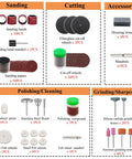 Image of 105 Pcs Rotary Tool Accessory Kit 1/8 Inch Shank detailing sanding, cutting, polishing, and grinding tools for versatile projects.