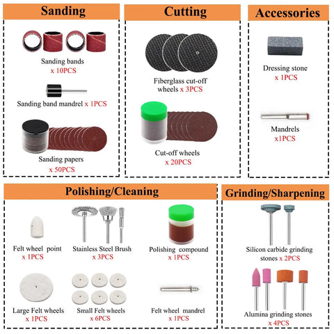 Image of 105 Pcs Rotary Tool Accessory Kit 1/8 Inch Shank detailing sanding, cutting, polishing, and grinding tools for versatile projects.