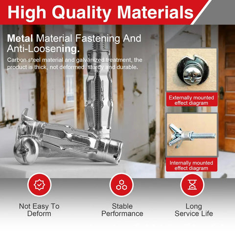 12 Pack M6 X 52mm Metal Drywall Anchors And Molly Bolts Heavy Duty Hollow Wall Fasteners With Screws displayed in a durable setting.