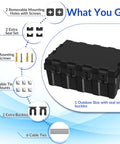 Waterproof Outdoor Electrical Box Heavy Duty Cover For Extension Cords And Holiday Lights With Tight Port Seals And Wall Mount Bracket, showing installation accessories.