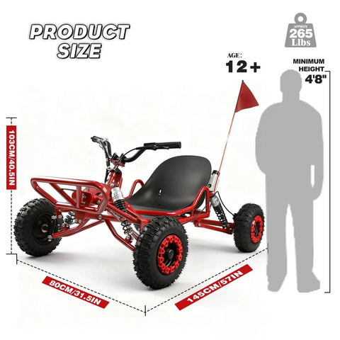 Rugged 64cc Two Stroke Gas Go Kart With Two And A Half HP Hydraulic Disc Brake Steel Tubular Frame Six Inch All Terrain Tires 265 Pound Load Capacity For Off Road Adventures shown with size dimensions and rider silhouette.