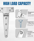 Tough As Nails 8X4 Inch 316 Marine Grade Stainless Steel T Hinges 2 Pack designed for heavy duty use with staggered holes.