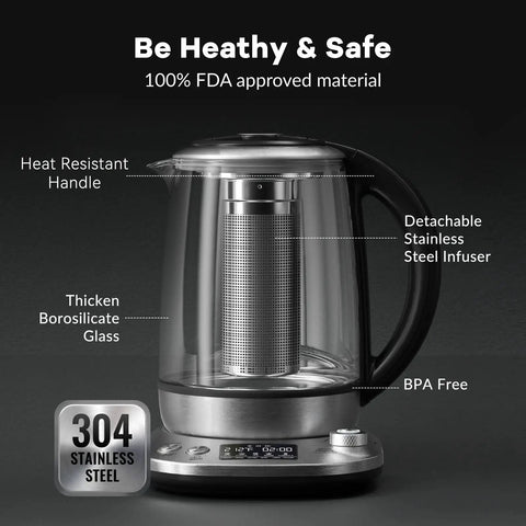 Electric Tea Kettle With Removable Infuser, 9 Preset Brewing Programs, Precise Temperature Control, Borosilicate Glass.