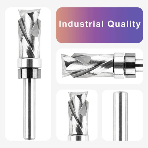 Top Bearing Compression Flush Trim Router Bit Pro Grade Quarter Inch Shank Half Inch Cutting Diameter close-up details