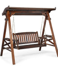 Porch Swing With Stand And Canopy, Waterproof Outdoor Patio Swing With Cup Holder, Rustic Style Backyard Swing Set, Weather Resistant