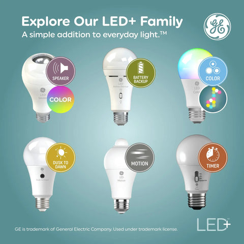 Explore LED+ family showing speaker, battery backup, color, dusk to dawn, motion, and timer features in light bulbs.
