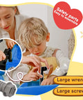 Child assembling 2 In 1 Ride On Car For Kids With Buildable Blocks, using large wrench and screw for hands on building fun.