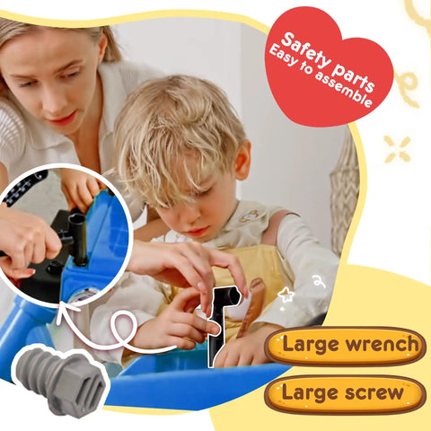 Child assembling 2 In 1 Ride On Car For Kids With Buildable Blocks, using large wrench and screw for hands on building fun.