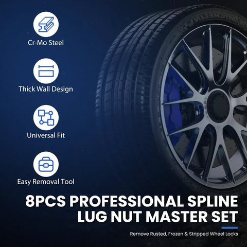 Heavy Duty Spline Lug Nut Socket Set That Slips On Smooth Removes Frozen Locks Without Blowing Your Stack Universal Master Key Kit For Cars Trucks And Suvs In Cr Mo Steel on a wheel.