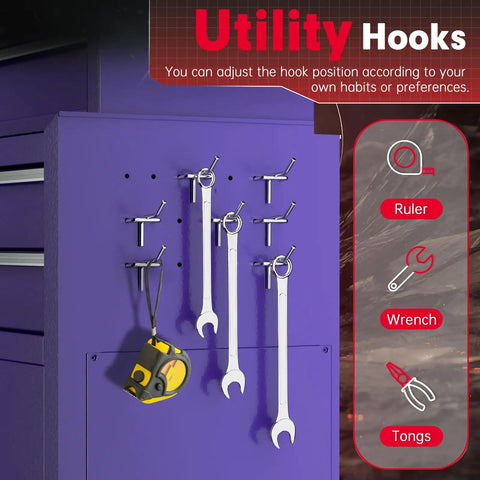8 Drawer Rolling Tool Chest With Wheels Locking Detachable Cabinet Heavy Duty Steel Tool Cart With Liner And Hooks For Garage Workshop Warehouse Purple utility hooks with adjustable pegboard hooks holding wrench, tape measure, and tongs
