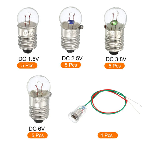 E10 Screw Base Miniature Bulbs Warm Yellow Glow 1.5V 2.5V 3.8V 6V Pilot Indicator Lamps with Four Holders for Flashlights and Circuit Labs.