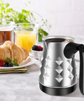 Electric Turkish Coffee Maker With Folding Handle 500ml Stainless Steel Pot next to breakfast setting.