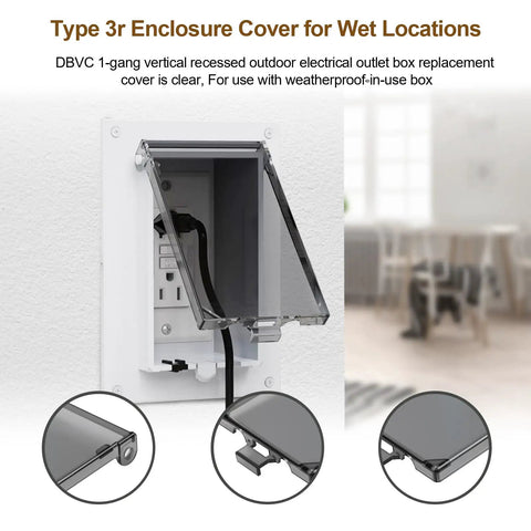 One Gang Vertical Recessed Outdoor Electrical Outlet Box Replacement Cover Featuring Clear Weatherproof Lens, installed with a clear shield.