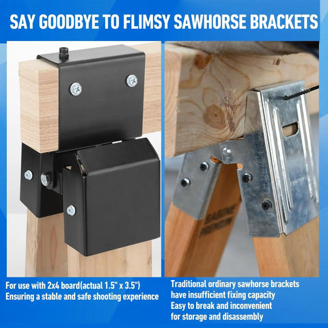 Close-up of Beefy Heavy Duty 2x4 Target Stand Brackets For AR500 Targets Hanger installed on wooden sawhorse