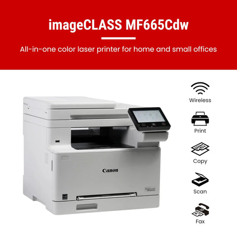 Color Wireless Duplex Laser Printer All In One With Copier Scanner Fax And Auto Document Feeder Fast 22 PPM Easy Wireless Setup Perfect For Home Office Or Small Biz 3 Year Limited Warranty in white, showing front and side view with ADF and touchscreen display