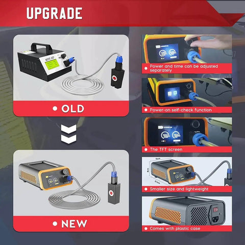 Old vs New models of Gnarly Paintless Dent Repair Kit showcasing features and size differences for quick car bodywork fixes.