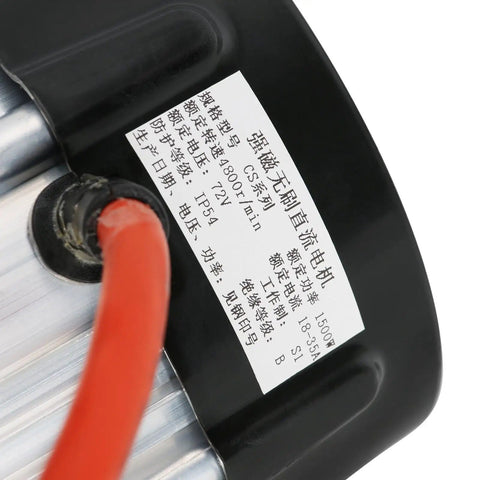 Close-up of 72V 1500W Brushless Motor Kit With 16T Differential Gearbox showing label and wiring connection detail