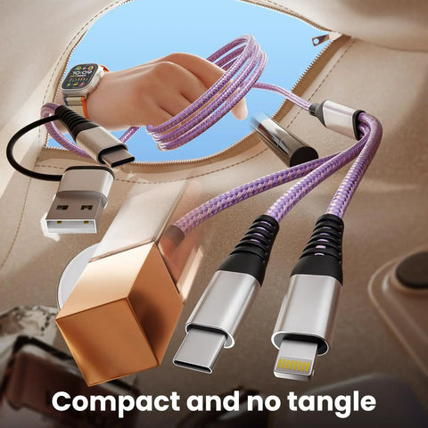 3 In 2 USB A To C Charging Cable For iPhone And iWatch, braided 5 ft, purple cord with connectors, ideal for travel