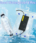 Top Shelf Waterproof Charging Cover For Electric Scooters And Ebikes Clear Rainproof Outlet Guard protecting a charging plug in water.