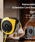 Heavy Duty Retractable Extension Cord Reel Rolls Up Crisp Saves Floor Space Delivers Serious Muscle For Garage Or Shop With 75 Foot 14 Gauge Cable Lighted Triple Outlets And 10 Amp Breaker mounted on a wall with yellow cord visible.