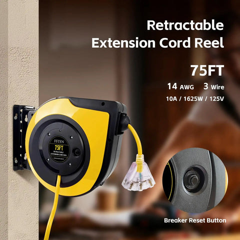 Heavy Duty Retractable Extension Cord Reel Rolls Up Crisp Saves Floor Space Delivers Serious Muscle For Garage Or Shop With 75 Foot 14 Gauge Cable Lighted Triple Outlets And 10 Amp Breaker mounted on a wall with yellow cord visible.