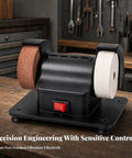 No Nonsense Benchtop Grinding Machine With Twin Wheel Sharpening And Polishing Pure Copper Motor Stable Rubber Base A Rock Solid Shop Dog For Daily Garage And Workshop Use on wooden workbench.