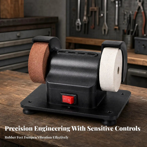 Beefy Dual Wheel Bench Grinder Compact Benchtop Machine With Heavy Duty Build And High Torque Motor Slick For Polishing Rust Removal And Tool Sharpening Pro Level Performance For Your Garage Setup on a workbench.