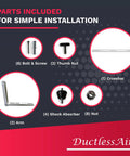 Parts included for Outdoor Wall Mount Bracket For Mini Splits 9000 To 36000 BTU with bolts, screws, crossbar, and arm.